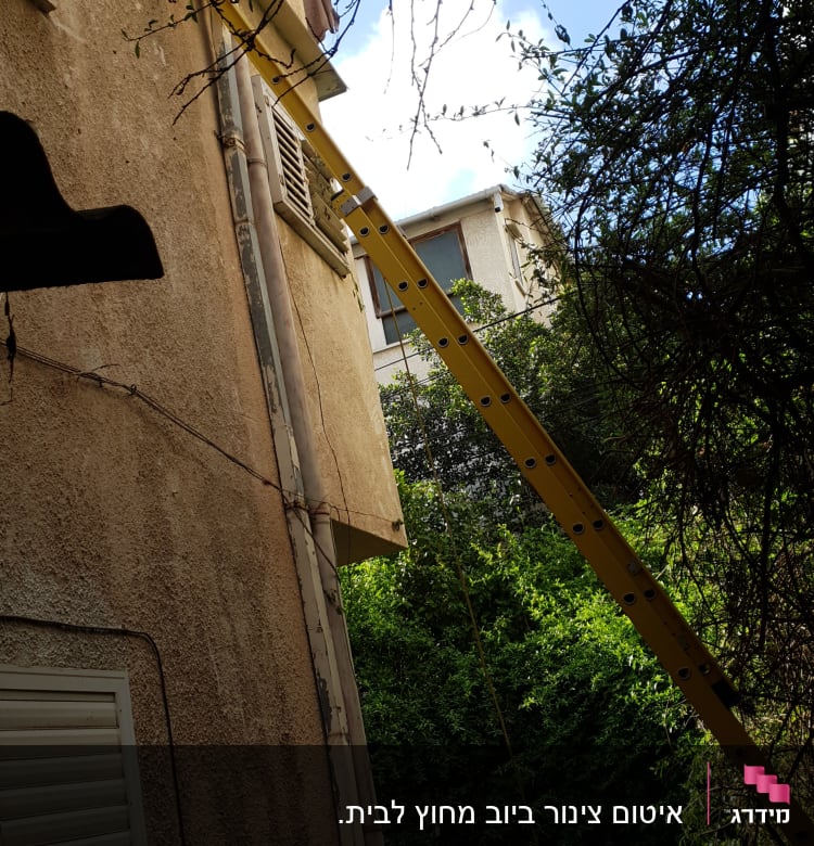 סולם צהוב נשען על קיר ליד צינור חיצוני